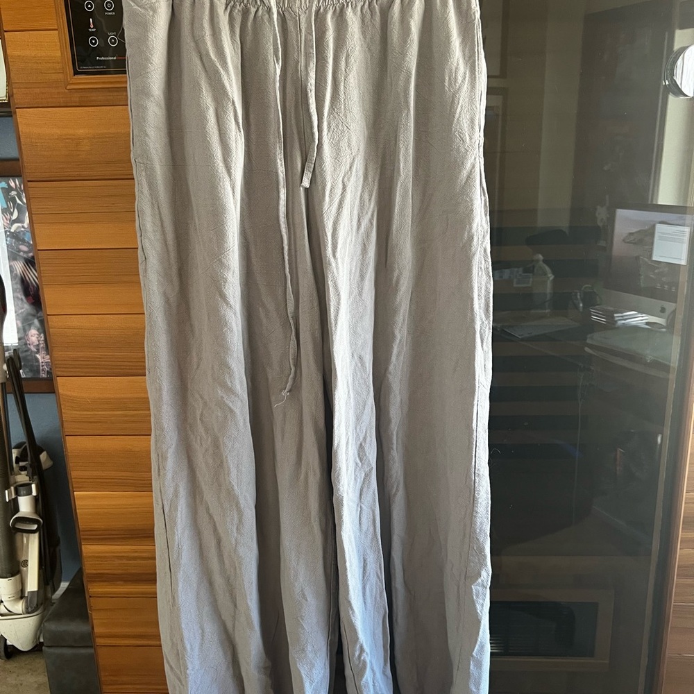Faleave Womens cotton linen summer palazzo flowy wide leg beach trousers w/pocke
